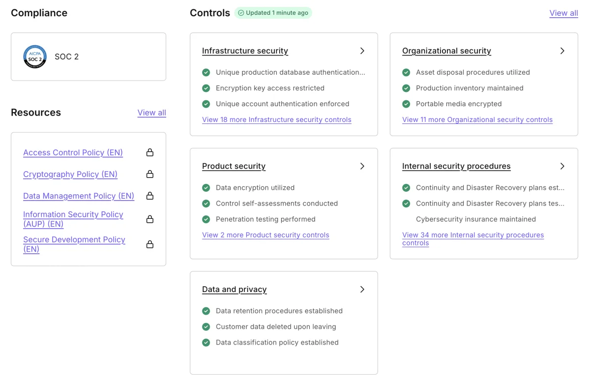 Projexion Trust Center showing SOC 2 compliance and audited infrastructure, product and organizational security controls