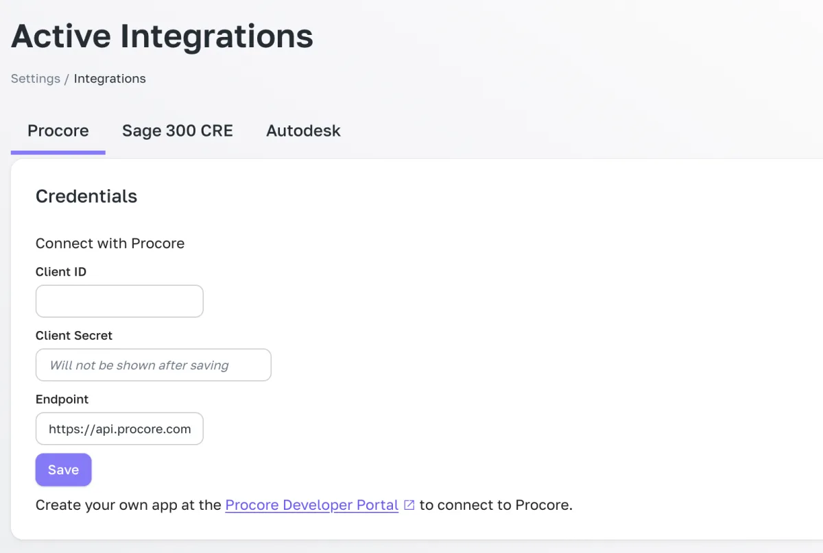 Projexion integration settings connecting Procore, Sage 300 CRE and Autodesk