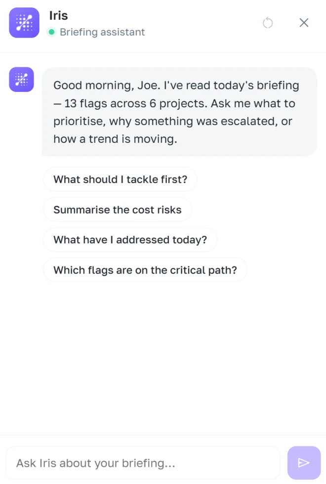 Iris AI assistant answering questions about a construction portfolio in plain English