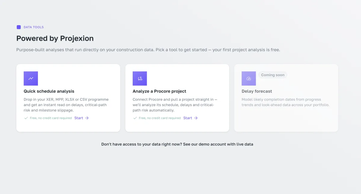 Projexion self-serve data tools for instant schedule and Procore project analysis