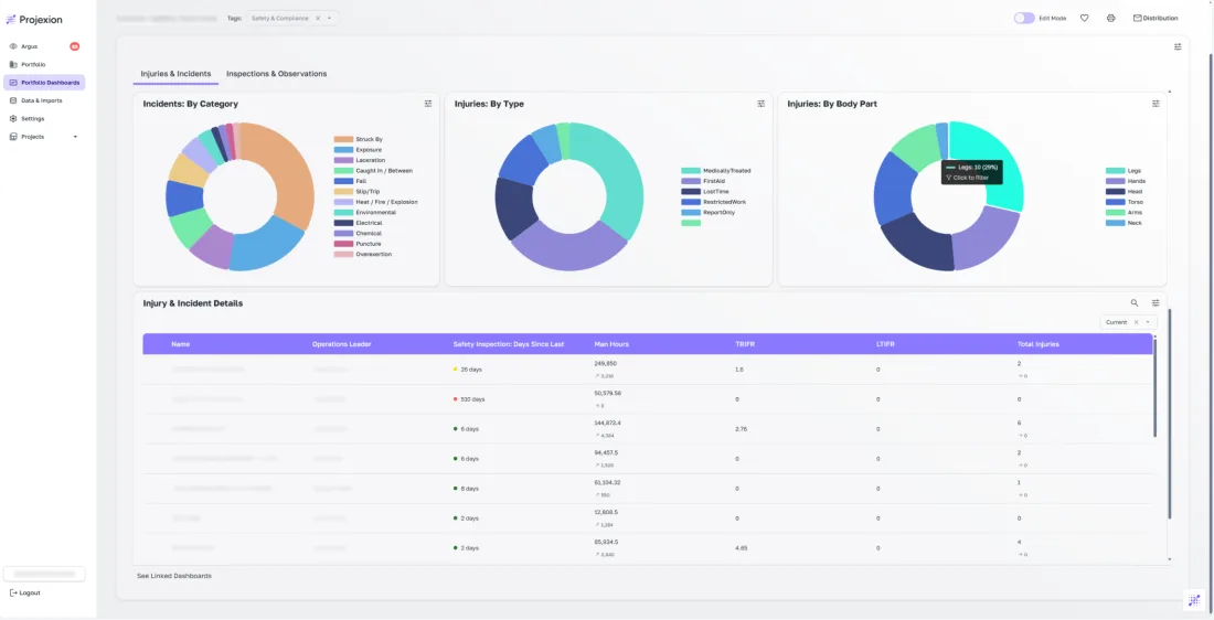 Projexion safety dashboard breaking down injuries by category, type and body part